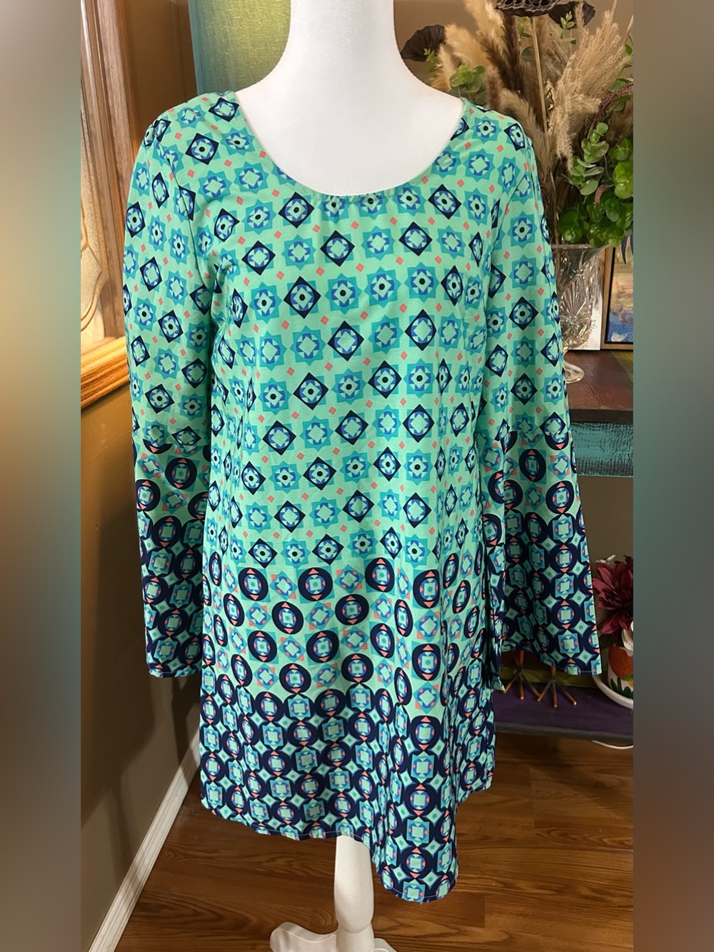 Red Camel Mint Green Geometric Long Sleeve Dress